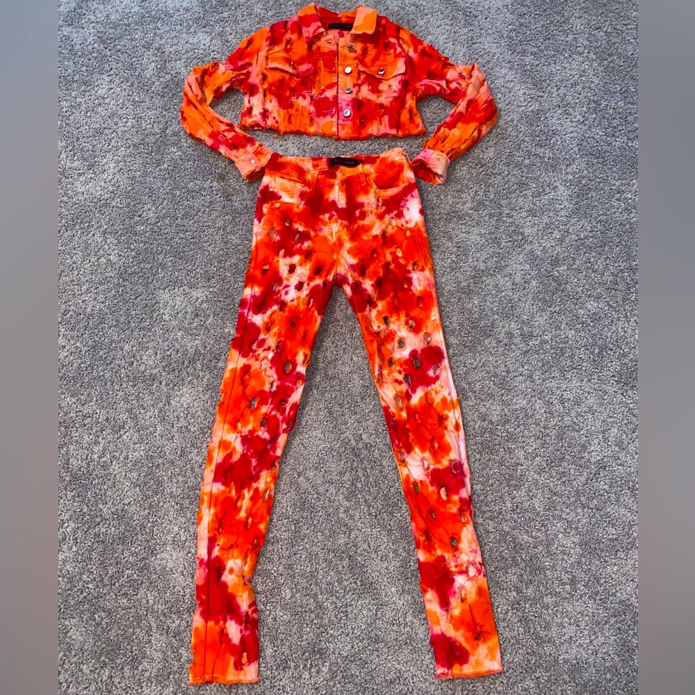 Red & Orange Tie Dye Denim Hole Set Size S